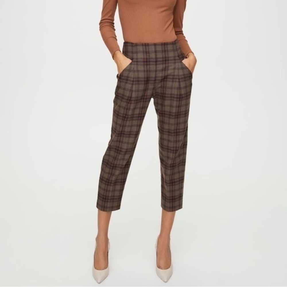 Aritzia Plaid Cropped Trousers in Brown and Maroon